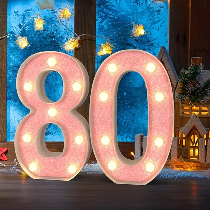 Marquee Light up Numbers 0-9, Battery Powered LED Light, Pink Glitter Plastic for 80th Birthday Decorations, Graduation Engagement Wedding Decor (Number 80)