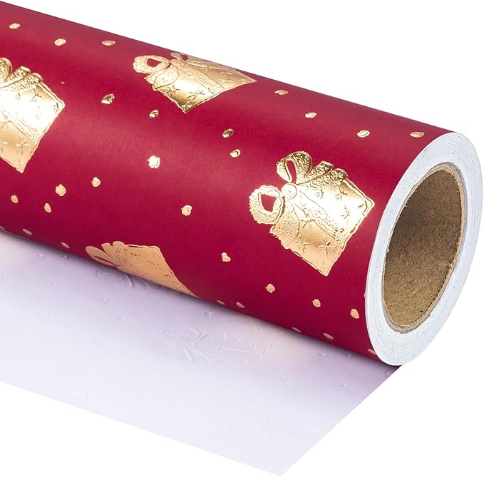 WRAPAHOLIC 3D Kraft Wrapping Paper Roll - Mini Roll - 17 Inch x 16.5 Feet - Gold and Red Christmas Presents Design with Embossed Perfect for Holiday, Party Celebration