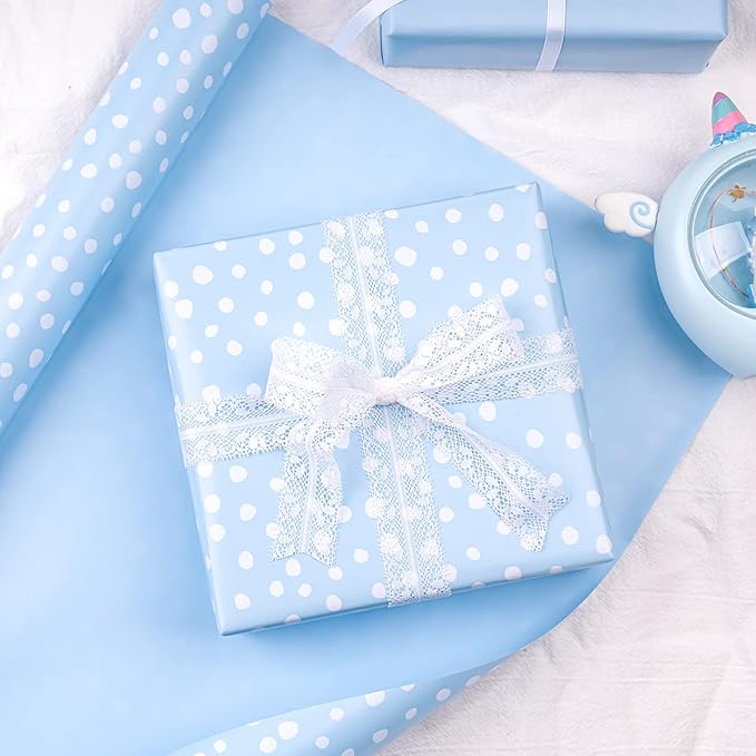 WRAPAHOLIC Reversible Wrapping Paper - Mini Roll - 30 Inch x 33 Feet - Light Blue and Delicate Polka Dot Wrapping Paper for Baby Shower, Birthday, Wedding, Holiday