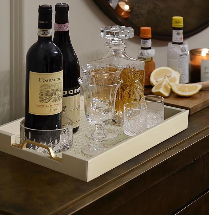 HofferRuffer Faux Leather Rectangle Serving Tray Decor Platter with Gold Metal Handles for Coffee Table, Breakfast, Tea, Food, Countertop, Kitchen, Butler Tray, 16.2 x 12.2 x 2 inches (Cream White)