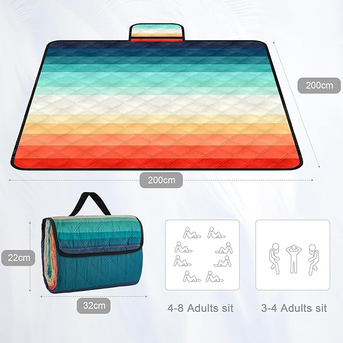 Waterproof Picnic Blankets,79''x79'' Extra Large Foldable Sandproof Beach Blanket,Portable 3-Layer Polyester Outdoor Picnic Blanket for Grass Lawn,Beach,Family Camping,Park,Travel-Rainbow Stripe