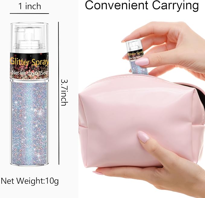 Holographic Body Glitter Spray 10g, Multicolor Sparkle Mist for Hair, Face Body, Long-Lasting Festival Makeup Glitter, Rave Party Shimmer Powder, DIY Craft Costume Glitter