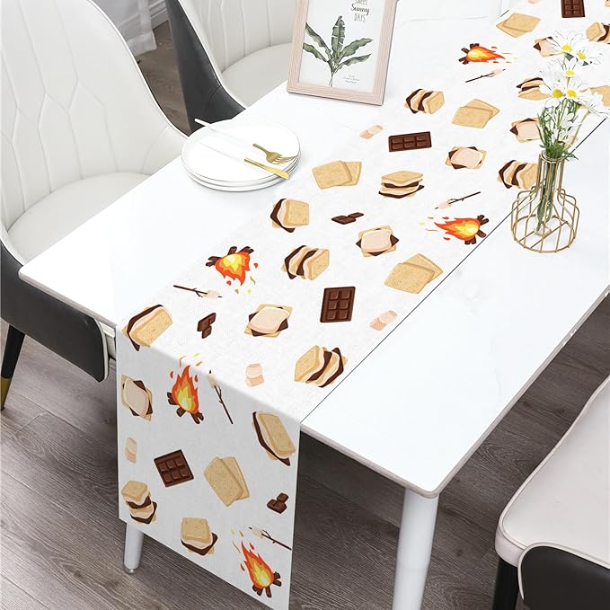 S'Mores Table Runner Bonfire Camping Party Decoration Dessert Birthday Dining Room Home Kitchen Table Decor (13" x 72")