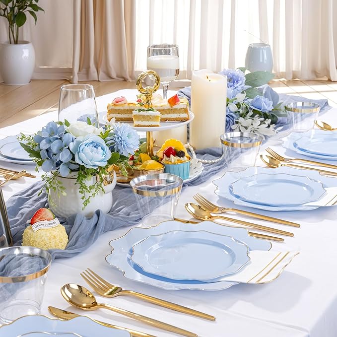 WDF 175Pcs Blue Plastic Plates - Heavy Duty Baby Blue Plates Disposable - 25Guests Plastic Dinnerware Ideal for Parties/Wedding/Baby Shower