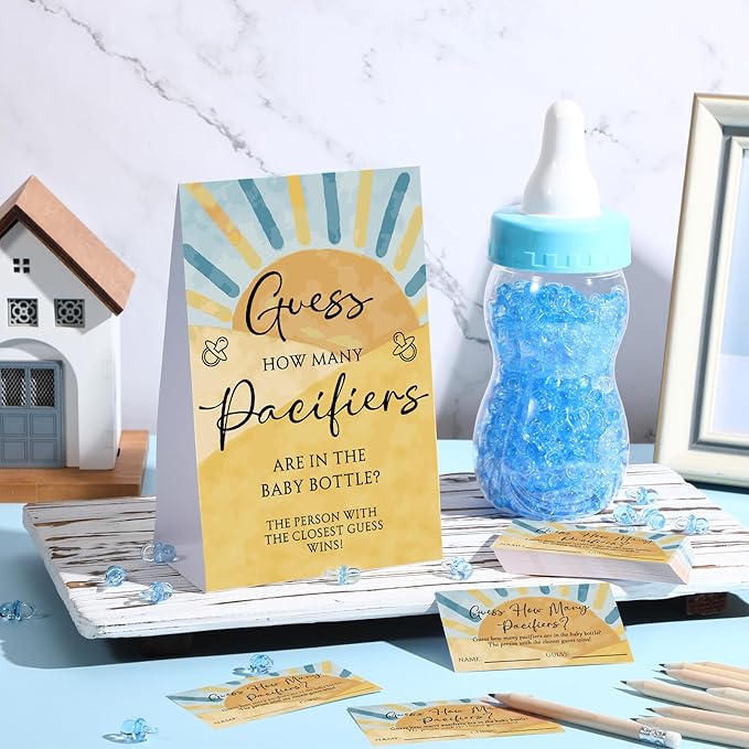 Roowest 512 Pcs Baby Shower Games Guess How Many Pacifiers Sign 100 Small Guessing Games 10 HB Pencils 750ml Milk Bottle 400 Acrylic Pacifiers Decoration for Guest Gender Reveal(Blue,The Son)