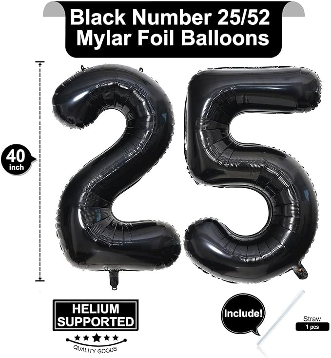 40 Inch Black 25 Number Balloons Giant Jumbo Huge 25 or 52 Foil Mylar Helium Number Digital Balloons Black Birthday Mylar Digital Balloons 25 Birthday Party 25th Anniversary Events Party Decorations