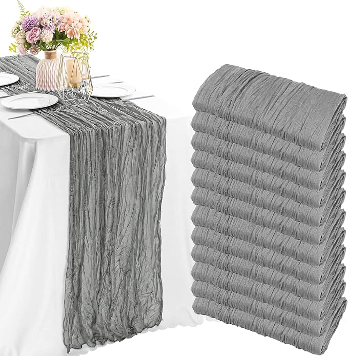 12 Pack Cheesecloth Table Runner, 35x120 Inch Boho Gauze Fabric Table Runner 10ft Rustic Sheer Runner for Wedding Party Baby Shower Table Decor (Grey)