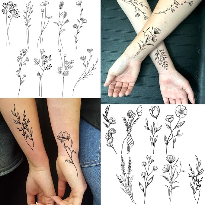 15 Sheets FANRUI Sexy Tiny Branch Black Flower Temporary Tattoos For Women Girl Neck Realistic Floral Bouquet Small Tattoo Temporary Lavender Fake Tattoo Sticker For Adults Face Hands Kit