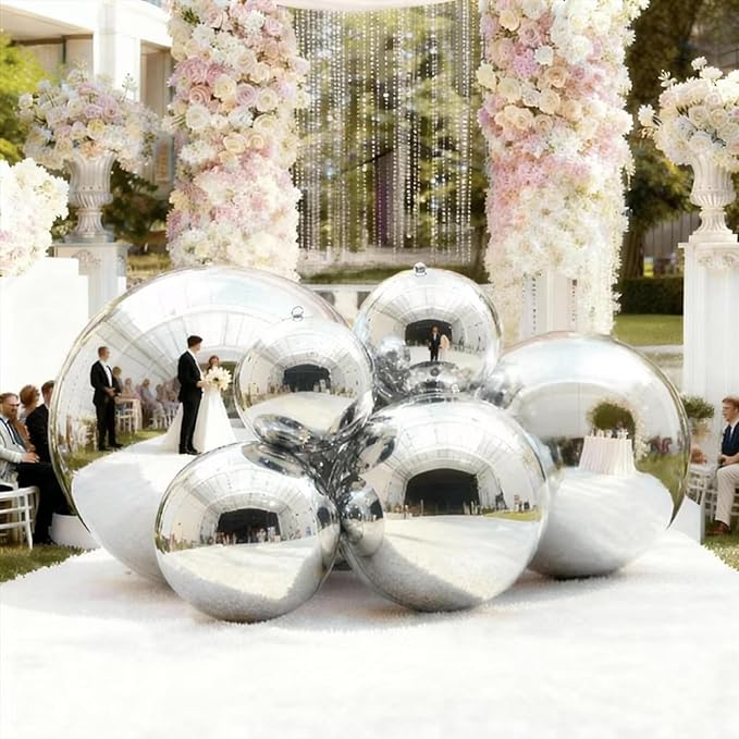 6PCS Silver Inflatable Mirror Ball,Big Shiny Balls Inflatable,Reusable PVC Mirror Balls,Large Hanging Balloon Disco Ball with Air Pump for Wedding Event Birthday Party Decor