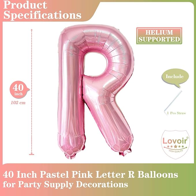 Lovoir Pink Letter R Balloons, 40 Inch Pastel Pink Letter Balloons R Foil Mylar Helium Pink Letter Balloons for Birthday Party Supplies Anniversary Event Celebration Decorations Alphabet Pink R