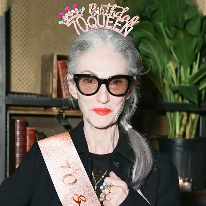 VELSCRUN 70th Birthday Queen Headband, Tiara Crown for Women, 70th Birthday Decorations for Her, Birth Queen Tiaras Crowns Sash for Women Mom Birth Party Decoration Hair Accessories Rose Gold