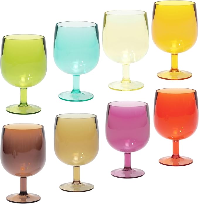 8-Piece Colorful Plastic Stackable Drinking Cup Set - 8.5 oz Wine Goblets, Reusable, BPA-Free, Dishwasher Safe