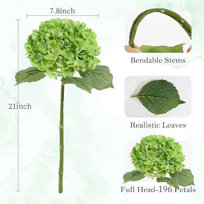 BonBloom's 3 Pcs Dark Green Hydrangea Artificial Flowers, Latex Real Touch Faux Hydrangeas Lifelike Stem & Blooms Fake Flowers for Wedding Bouquet Party Outdoor Table Centerpieces Home Decor