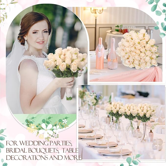 Hotop 80 Pcs Rose Artificial Flowers Bulk with Long Stem, Silk Roses Realistic Fake Flowers Bouquet for Wedding Table Centerpieces Bridal Shower Party Home Decorations(Beige)