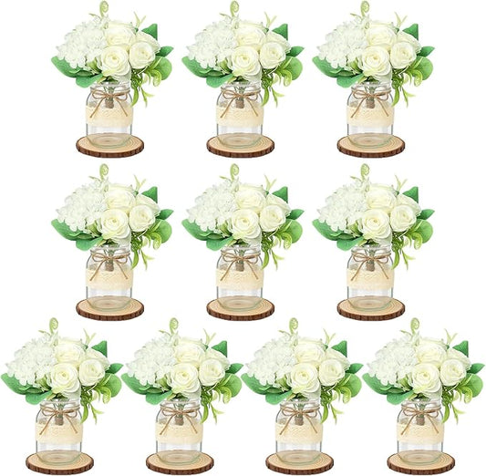 Set 10 Mason Jar Table Centerpiece - Wedding Centerpieces for Tables, Mason Jar Flower Centerpiece Vases Decor- Boho Farmhouse Rustic for Engagement, Bridal Shower, Wedding, Versatile Decor (White)