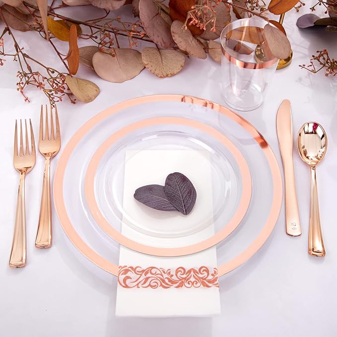 YOUBET 175PCS Rose Gold Plastic Plates - Clear Plastic Plates Disposable with Rose Gold Rim includes 50 Rose gold plates, 25Forks, 25Knives, 25Spoons, 25Cups, 25Napkins for Party & Wedding
