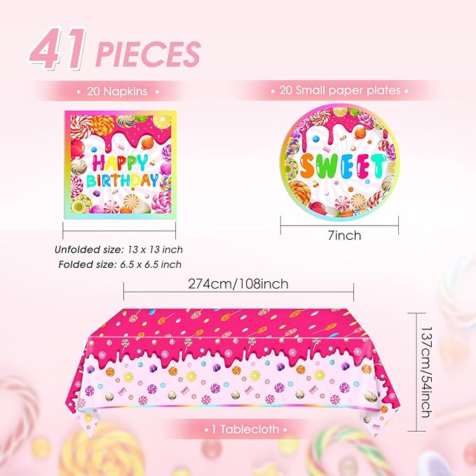 41 Pcs Candyland Party Decorations Candy Themed Party Tableware Set Include Candy Disposable Paper Plates Napkins Tablecloths,for Baby Shower Boys Girls Birthday Party Decorations Supplies,Serves 20