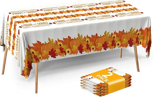 ATFUNSHOP Thanksgiving Tablecloth 2 Pack 54" X 108" Disposable Fall Table Cover Party Supplies Pumpkins Turkey Water Proof Plastic Table Cloth for Thanksgiving Decoration Dinner Party