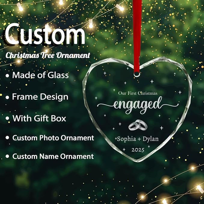 Personalized Crystal Glass Christmas Heart Ornaments Custom 2025 Name Ornament for Tree Decorations Customized First Christmas Engaged Tree Hanging Gifts for Lovers