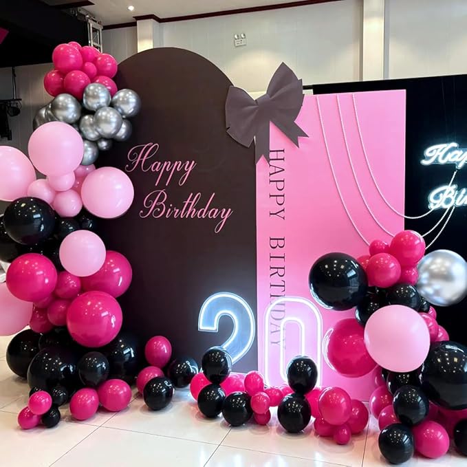 Hot Pink Black Silver Balloon Garland Arch Kit, 166Pcs Red Black Pink Silver Balloons for Birthday Graduation Baby Shower Wedding Anniversary Bachelorette Party Decorations