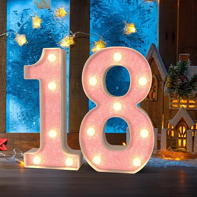 Marquee Light up Numbers 0-9, Battery Powered LED Light, Pink Glitter Plastic for 18th Birthday Decorations, Graduation Engagement Wedding Decor (Number 18)