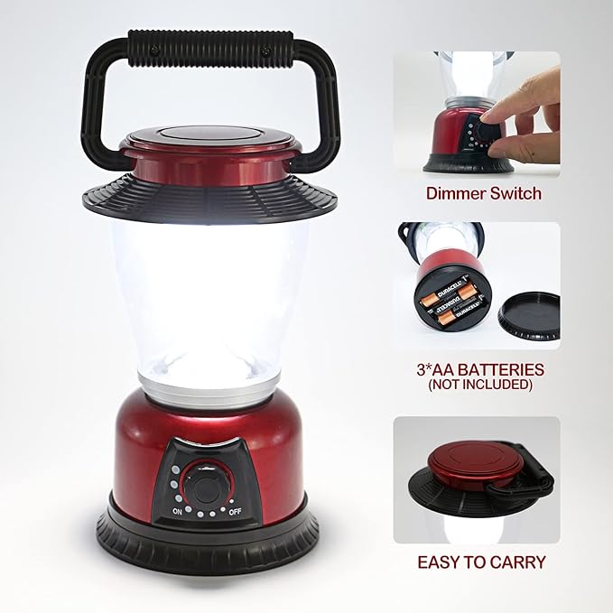LED Lantern Variable Power Retro Battery Powered Camping Light, COB High Brightness Dimmable Camping Lamp for Hiking, Fishing, Repairing and Emergency Lighting (Red-2 Pack)