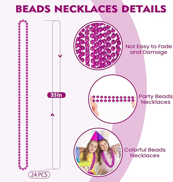 24 PCS Hot Pink Beads Necklaces, 33‘’ Pink Mardi Gras Beads, Round Cancer Beaded Necklace, Party Necklace for Mardi Gras, Christmas, Valentine's Day Party Favors