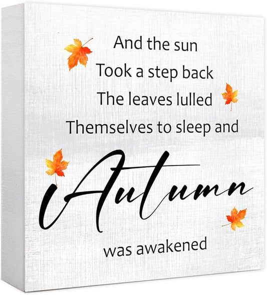 Funny Autumn Wood Box Sign Autumn is Awakened Wooden Block Desk Decor for Home Office Kitchen Cubicle Table Shelf Tabletop,Farmhouse Fall Sign Decor