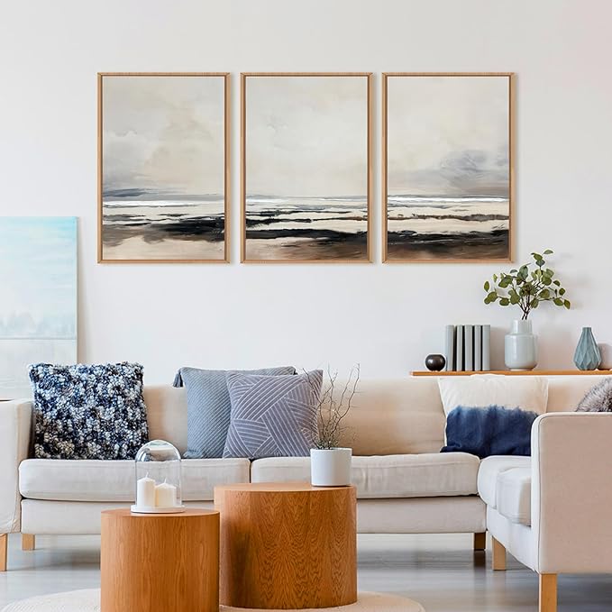 HOURIA Large Neutral Abstract Gray Framed Wall Art Set,Minimalist Modern Beige Brown Landscape Wall Decor,Wilderness Filed Artwork,Watercolor Misty Lake Print for Living Room,Bedroom,Office-16 x24 x3