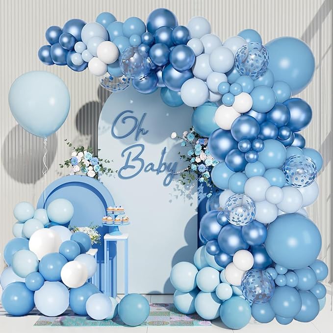 Blue Balloons Arch Garland Kit,155pcs Pastel Blue Confetti Balloons Metallic Macaron Confetti Balloons for Baby Birthday Wedding Ocean Themed Party Decoration
