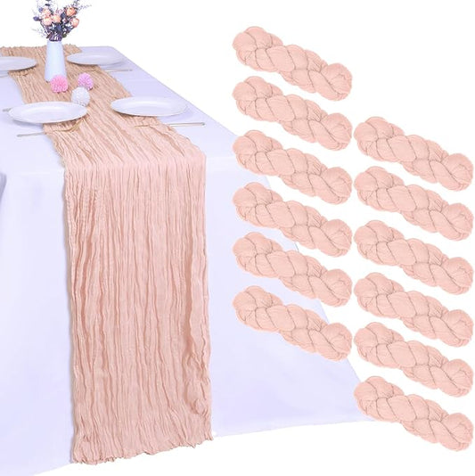RestfulGlow12 Pack Blush Pink Cheesecloth Table Runner 10FT Boho Gauze Fabric Table Runner 35 x 120 Inch Rustic Sheer Runner for Centerpiece Wedding Birthday Baby Shower Party Boho Table Decoration