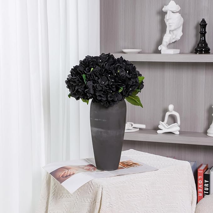 Kimura's Cabin 6Pcs Black Artificial Hydrangea Flowers Fake Hydrangeas Flowers Long Stems Faux silk Flower for Halloween table center decoration farmhouse wedding party dark bouquet arrangement(Black)