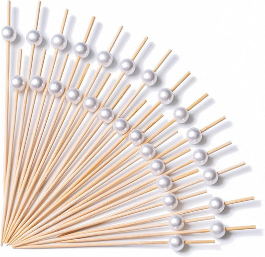 PuTwo Cocktail Picks 4.7 Inch 200pcs Bamboo Fancy Skewers Toothpicks for Appetizers White Pearl Toothpicks for Food Drink Fruit Sandwich BBQ Charcuterie Boards Accessories Birthday Party Supplies