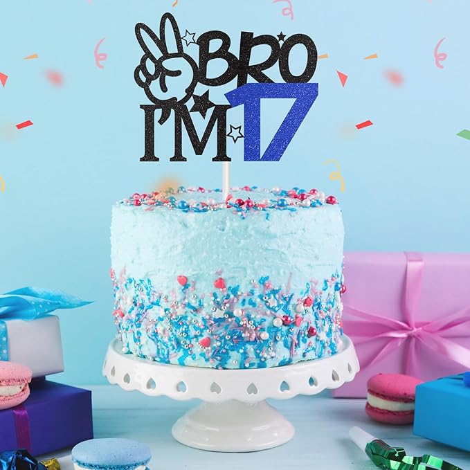 Bro I'm 17 Cake Topper, 17th Birthday Decorations for Boy, Glitter Funny 17th Birthday Cake Topper, Big Brother 17 Year Old Birthday Party Decoration Supplies