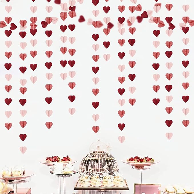 Rose-Gold Pink Burgundy-Red 3D-Heart Garland - 39Ft Party Decorations Hanging Paper Streamers Banner,Engagement Wedding Bachelorette Baby Bridal Shower Decor Ouruola