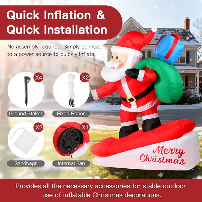 6FT Christmas Inflatables Decorations Outdoor，Blow Up Skiing Santa Claus with Built-in LEDs Lights for Indoor Holiday Party Yard Garden Lawn Décor