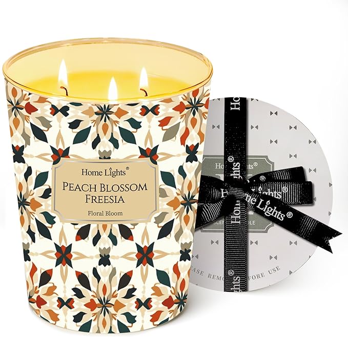 HomeLights 3-Wick Candles for Home Scented - 34oz Soy Wax Blend Candle Long-Lasting Fragrance, Bohemian Natural Textures Home Decor and Housewarming Gifts, Peach Blossom Freesia
