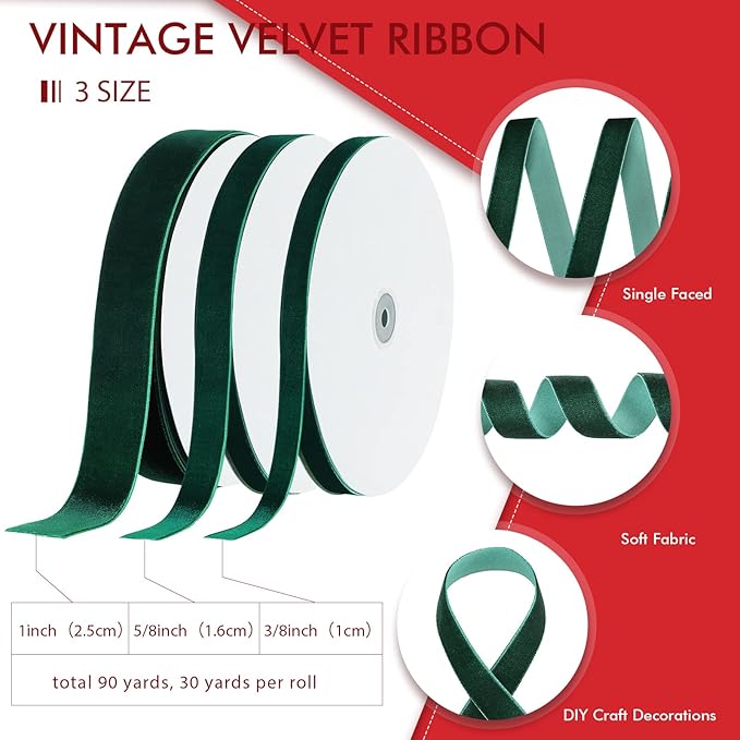 Yilloog 3/8'' 5/8'' 1'' 90 Yards Christmas Velvet Ribbon Vintage Satin Fabric Velvet Ribbon Roll for Christmas Tree Ornaments Decoration Gift Wrapping Bow DIY Crafts (Green)
