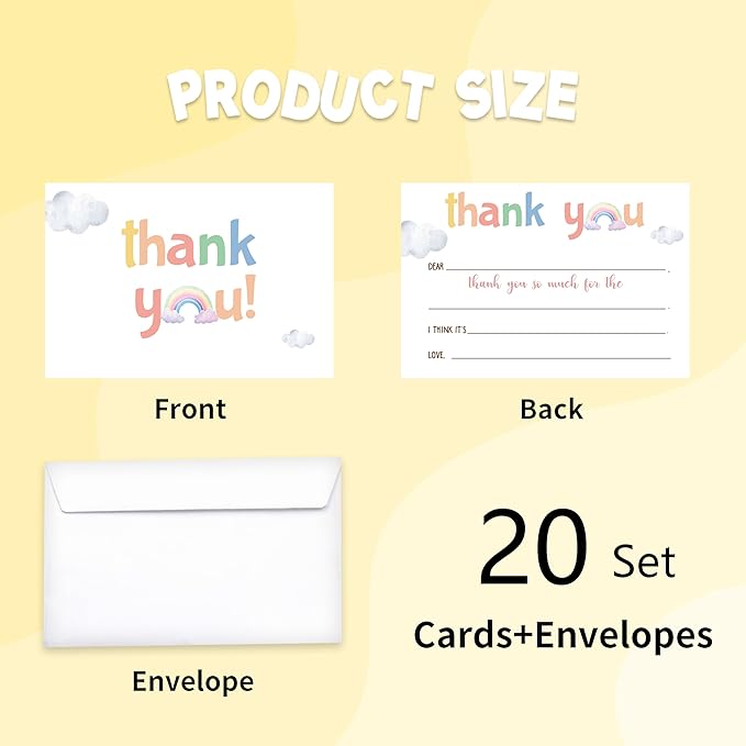 Kids Thank You Card, Rainbow Theme Thank You Notes, Watercolor Cloud Greeting Card With Envelope, Birthday Wedding Graduation Christmas Party Favors Supplies Decor(20 Pcs)-04