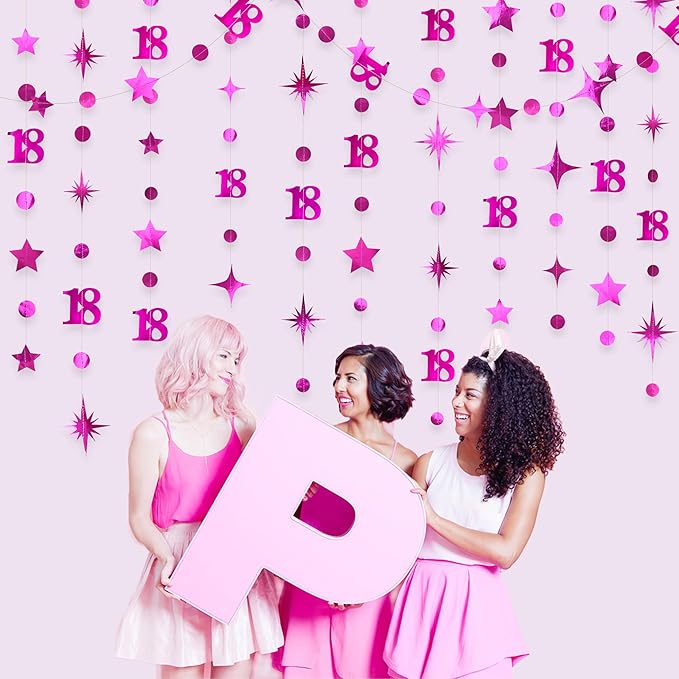 Hot Pink 18th Birthday Decorations Number 18 Circle Dot Twinkle Star Garland Metallic Streamer Banner Backdrop for Girls Happy 18th Birthday Time to Adult Cheers to 18 Years Old Anniversary Party