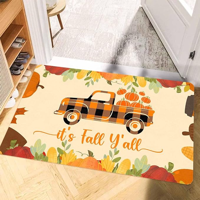Fall Welcome Maple Leafs Decorative Door Mat, Autumn Thanksgiving Doormat for Indoor Outdoor Entrance Floor Mats,Fall Pumpkins Non Slip Harvest Vintage Decor Rubber Welcome Mats 16" x 24" Inch