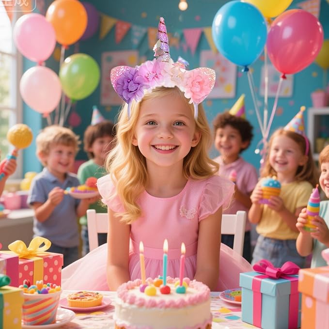 Unicorn Headband for Women - Flower Glitter Horn with Butterfly & Ears Headband, Magical Blossom Hair Accessory for Birthday Party Hair Decoration,Halloween Christmas Cosplay Hairband