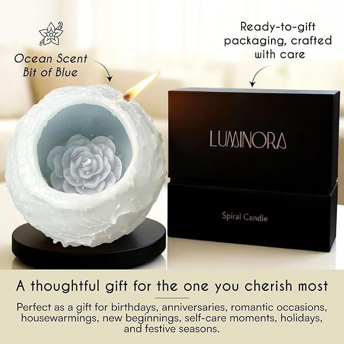 LUMINORA Unique Spiral Scented Candle | Hand-Crafted Soy Decorative Candle with Mesmerizing Spiral Burn, Twisted Wave Design & Premium Gift Box | Bit of Blue | Ocean Scent |