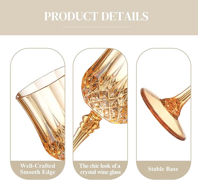 XUWAIDSGN 16 Pcs 7oz Plastic Vintage Wine Glasses Drinking Glasses Unbreakable Wedding Glassware Crystal Water Goblets Reusable Drinkware Vintage Champagne Flutes (16, Amber)