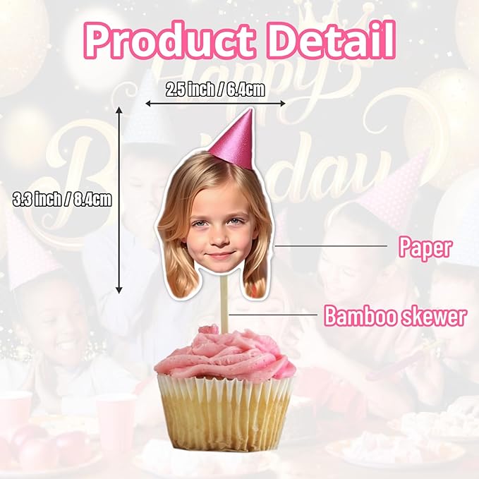 6 Pcs Custom Face Photo Cupcake Toppers | Unique Party Picks for Birthday Parties, Weddings, Events, and Celebrations | Photo Dessert Treat Decorations