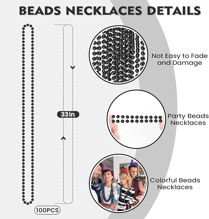 100 PCS Black Bead Necklaces, Black Mardi Gras Beads, New Year Eve Necklaces, 33 Inch Round Halloween Beaded Necklaces, Party Beads for Mardi Gras, Christmas, Halloween, New Year Party Favors