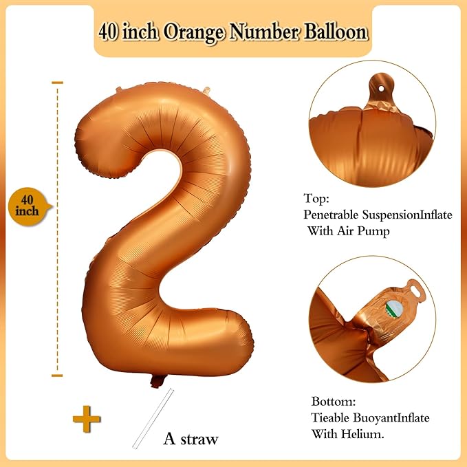 40 inch Orange Number Balloon Giant Foil Helium Balloons for 2nd Birthday Party Decorations