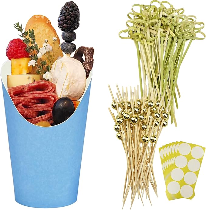 CAMKYDE 50 Charcuterie Cups + 200 Cocktail Picks + 56 Labels, 12 oz Disposable Charcuterie Cups with Sticks (2 Types), French Fry Cup Blue Paper Appetizer Cup for all Occasions (Blue)