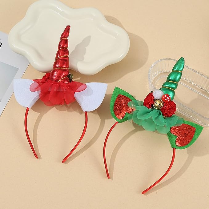 Christmas Unicorn Headband for Women - Festive Green Glitter Unicorn Ear Hairband, Cute Holiday Party Headwear for Xmas, New Year, Costume, Photo Props, Family Accessories