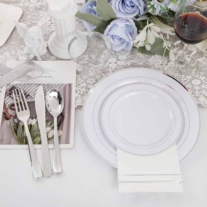 GATHER 350PCS Silver Plastic Plates - White and Silver Disposable Plates for 50 Guests Includes 50 Dinner Plates 50 Dessert Plate 50 Napkins 150 Silvery Cutlery and 50 Cups for Wedding & Party